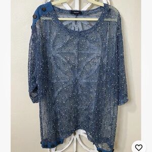 KAKTUS 2X BLUE OPEN KNIT FISHNET OVERSIZED ARTSY BOHO LAGENLOOK SHORT SLEEVE TOP